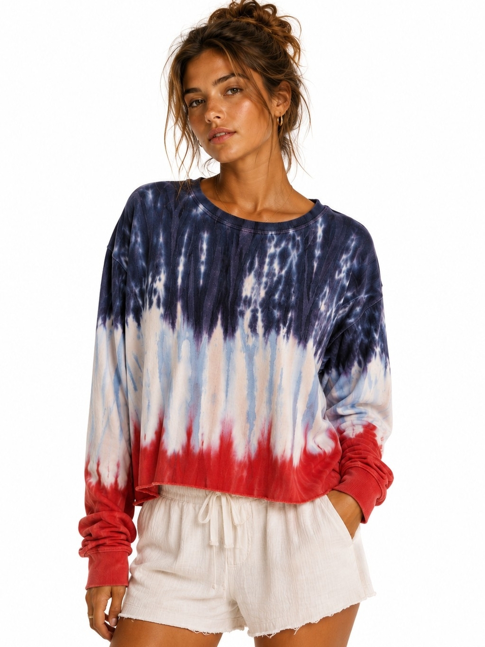 C&C California Tie Dye Sweatshirt Red White Blue Raw Hem Medium Boho chic